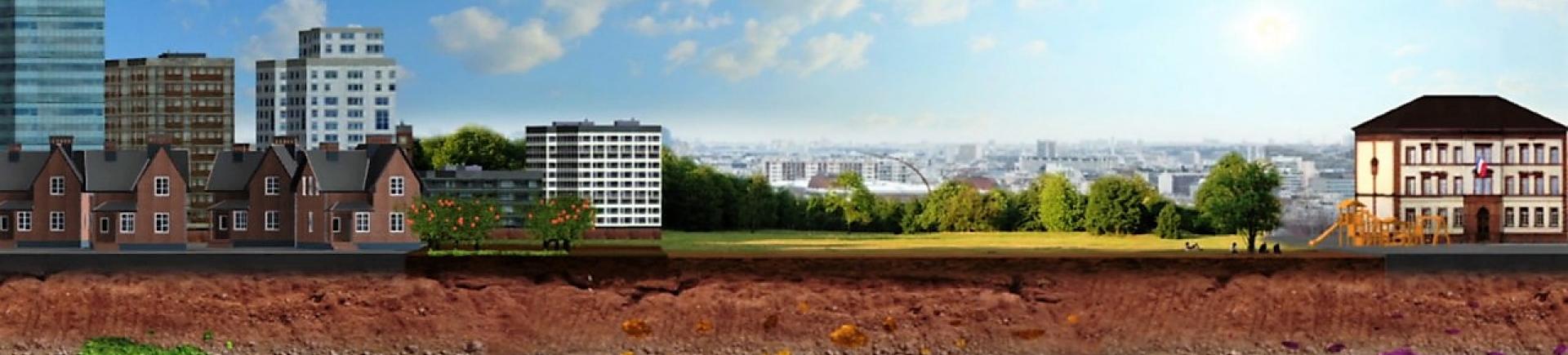 Vue d'artiste d'un profil de sol urbain. Extrait du film d'animation "Anciens sites industriels et établissements scolaires" - © Ministère en charge de l'environnement Vue d'artiste d'un profil de sol urbain