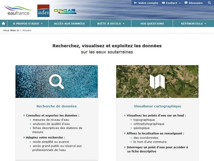 Page d'accueil du site internet d'ADES - Banque nationale d'Accès aux Données sur les Eaux Souterraines 