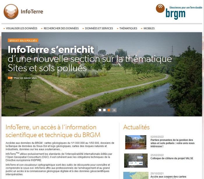 Page d'accueil du portail internet InfoTerre