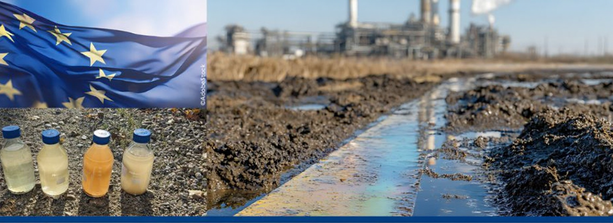 Bannière de l'Ineris pour la Journée technique d’information et de retour d’expérience de la gestion des sites et sols pollués 2025 : drapeau de l'Europe, flacons de prélèvements d'eau, pollution près d'une usine d'hydrocarbures